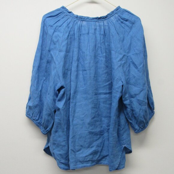 J Jill Love Linen Shirt Womens Medium Blue 100% Linen Coastal Peasant Top Ruffle - Picture 2 of 3